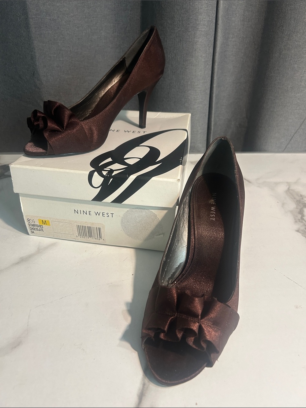 Nine West Brown Satin Peep-Toe Heels with Ruffle Bow women’s 8.5